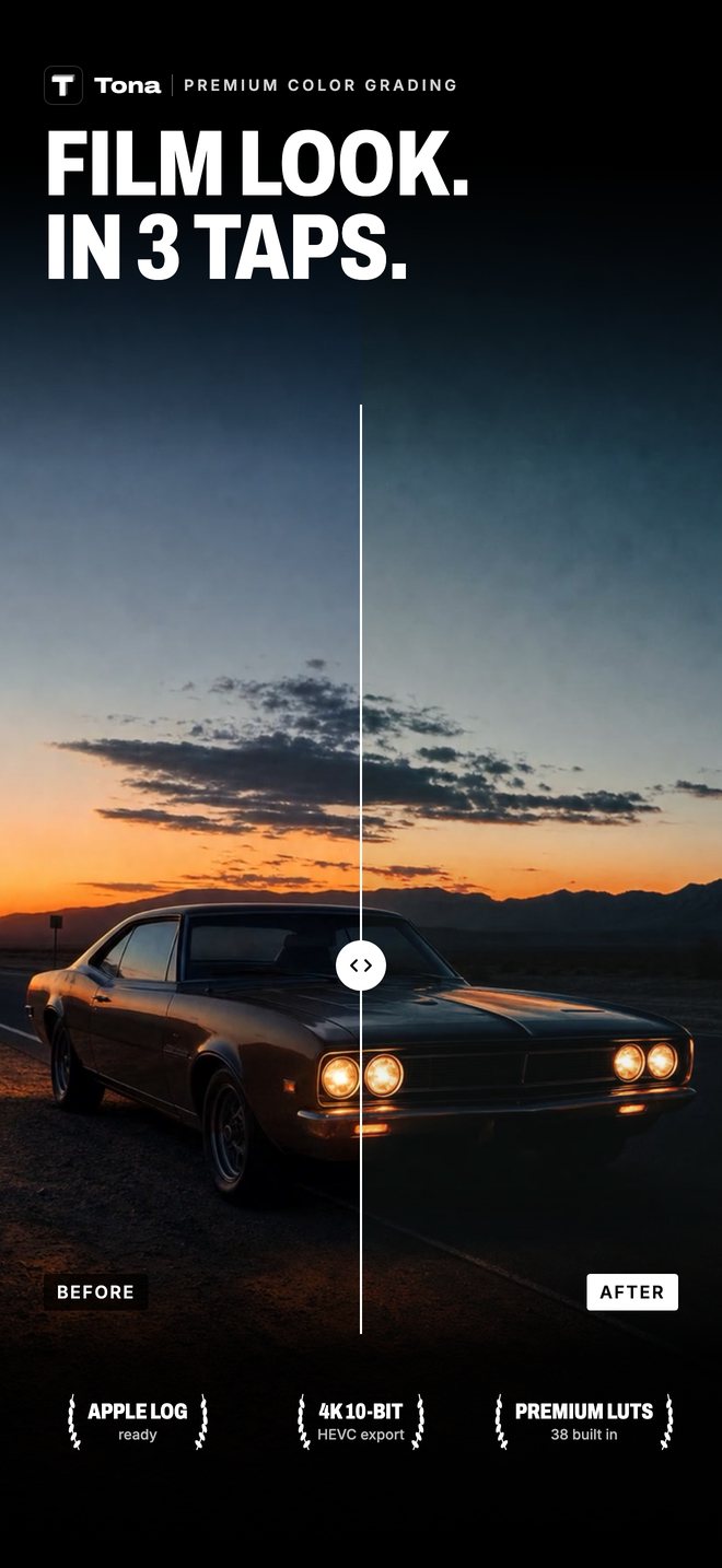 Before and after: a car at sunset graded with the Matte LUT
